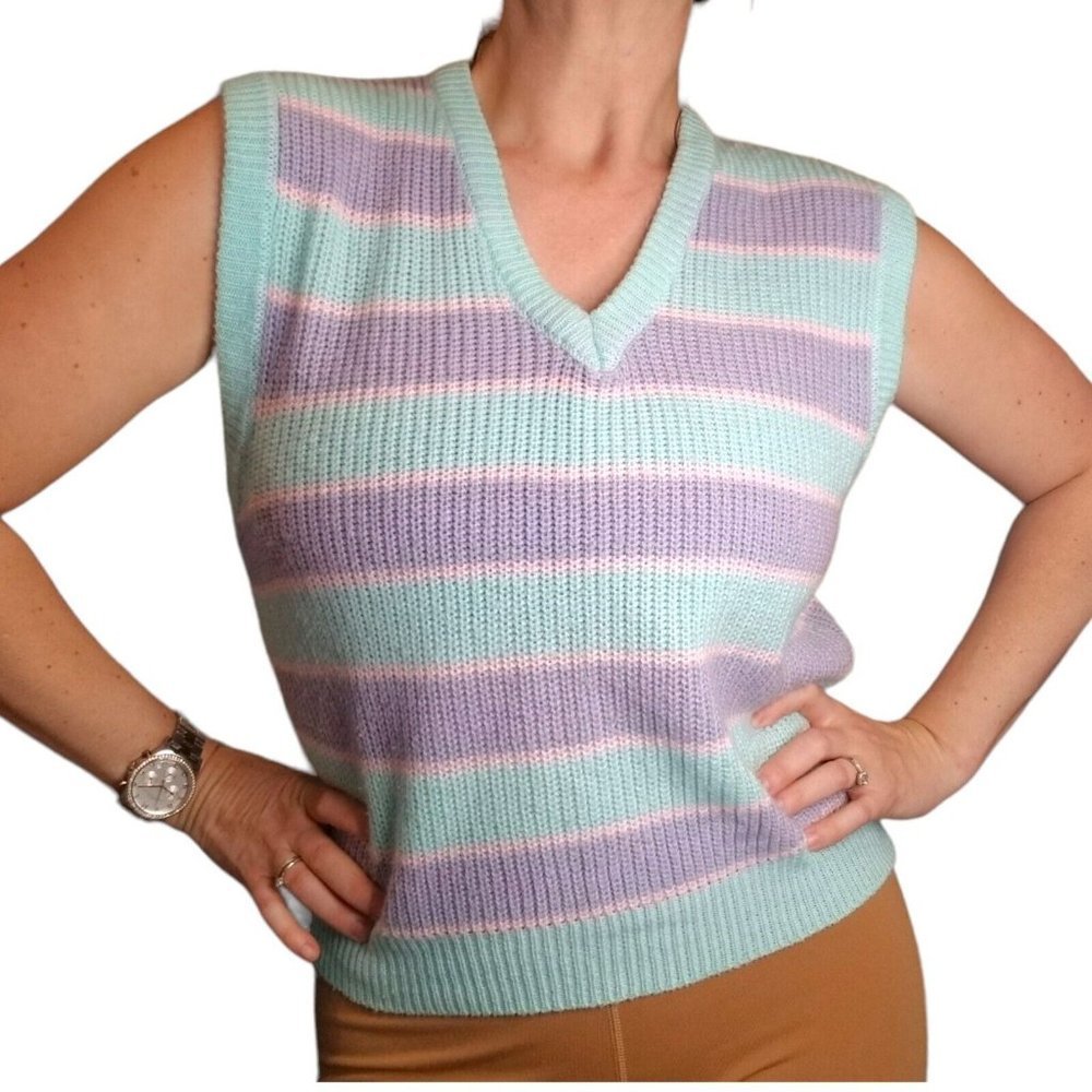 Vintage 80s Ribbed Knit Pastel‎ Striped Sweater Vest Mint Green Lavendar Medium